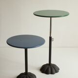 Postmodern cast iron flower base adjustable round side tables, blue and green, 1980s.