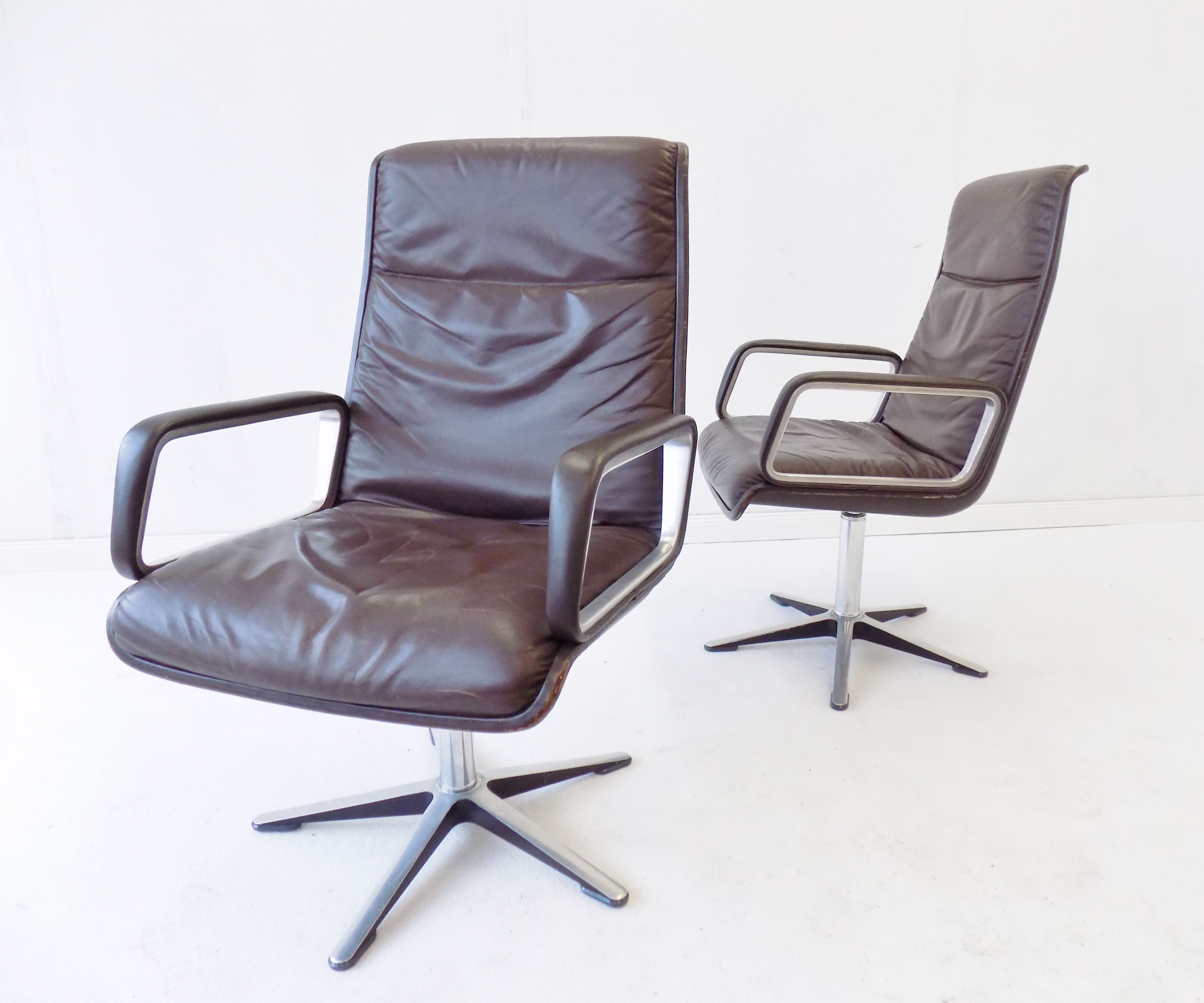 Wilkhahn Delta Highback set of 2 brown leather armchairs by Delta Design