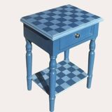 Blue checkered bedside table, neo-vintage style, turned legs.