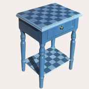 Blue checkered bedside table, neo-vintage style, turned legs.