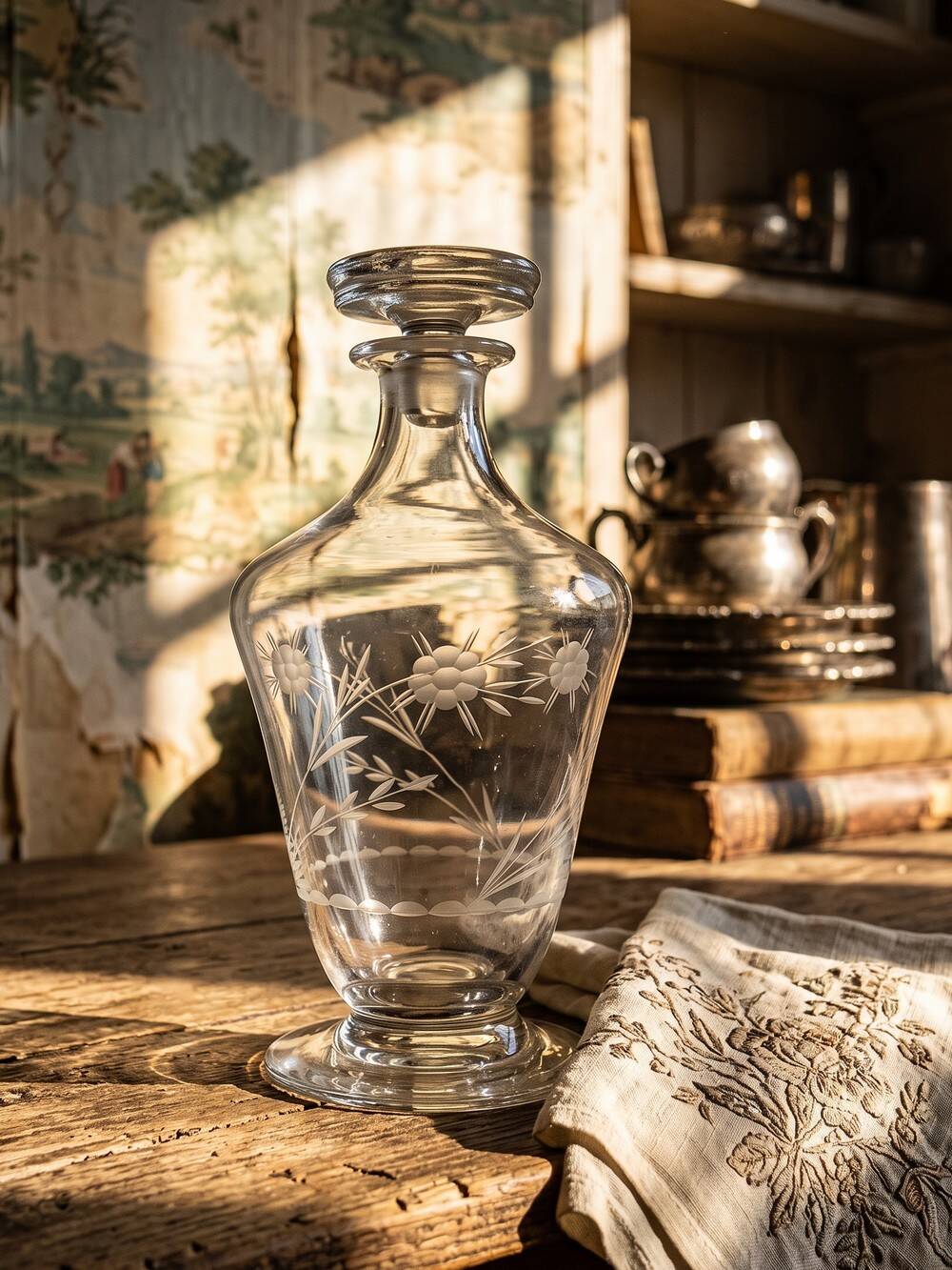 Small antique decanter in engraved Bohemian crystal, early 20th century.