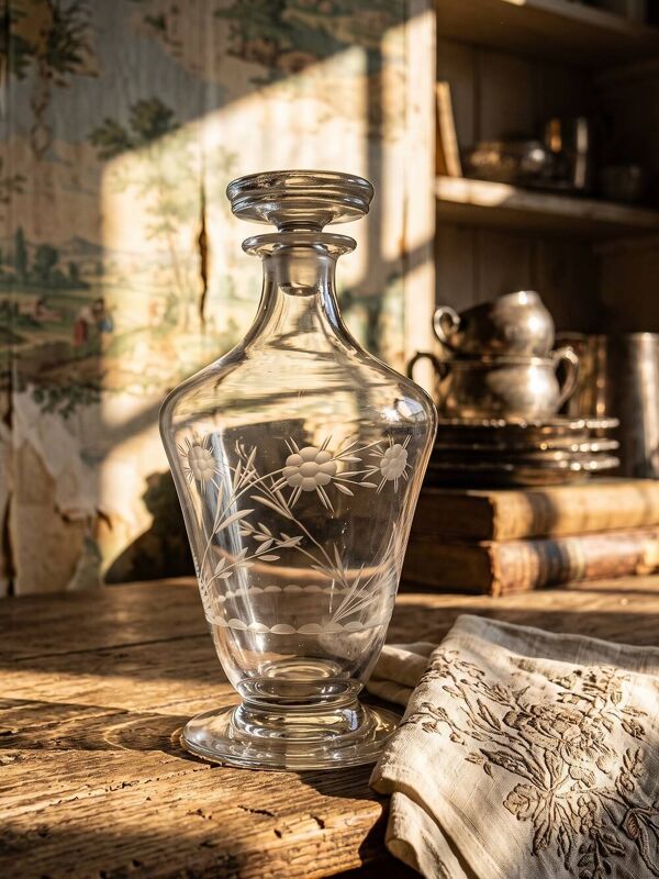 Petite carafe à décanter ancienne en cristal de Bohême gravé, début XXe