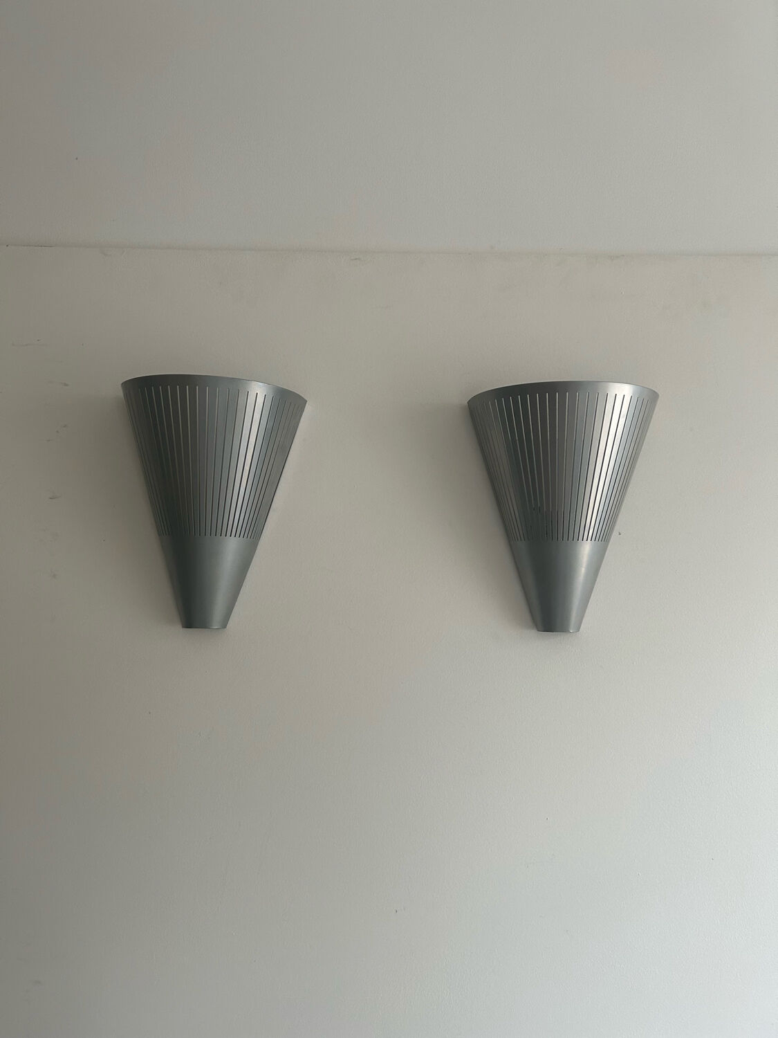 Pair of vintage conical wall lights, ribbed metal, Sweden 1970
