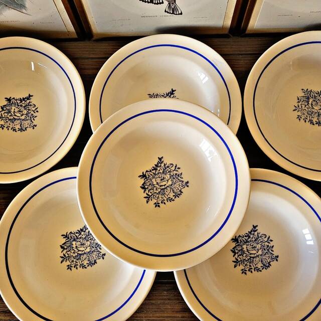 Vintage deep plates in ADP earthenware, blue rose patterns.