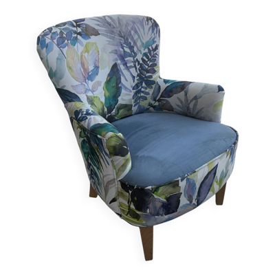Fauteuil crapaud contemporain ALC, retapissé tissu floral aquarelle
