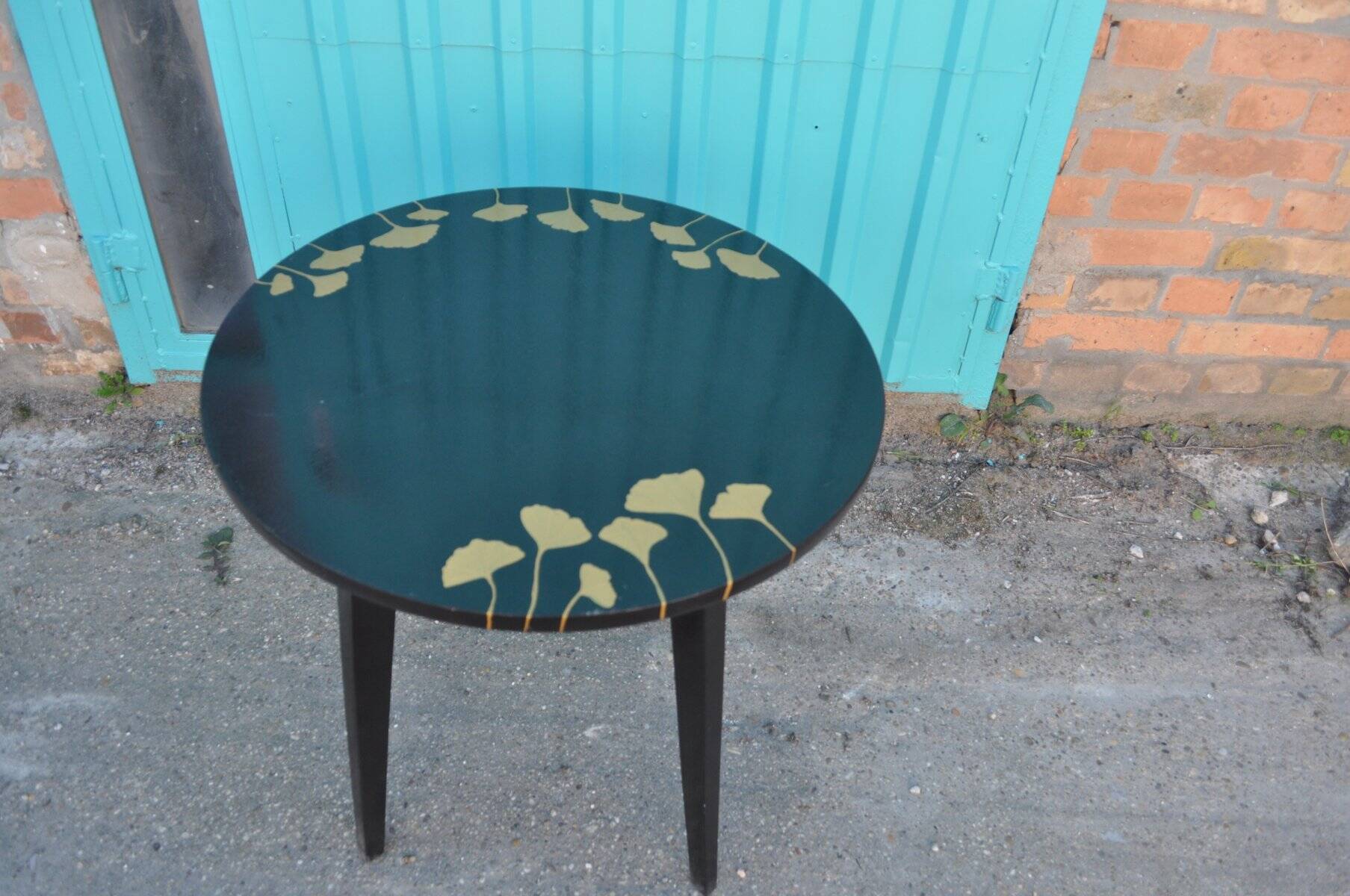 Black side table made of pine, hand-painted with acrylic, decorated with golden leaves, 1960s.