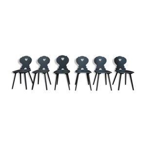 Lot de 6 chaises vintage en hêtre 1950 patiné noir