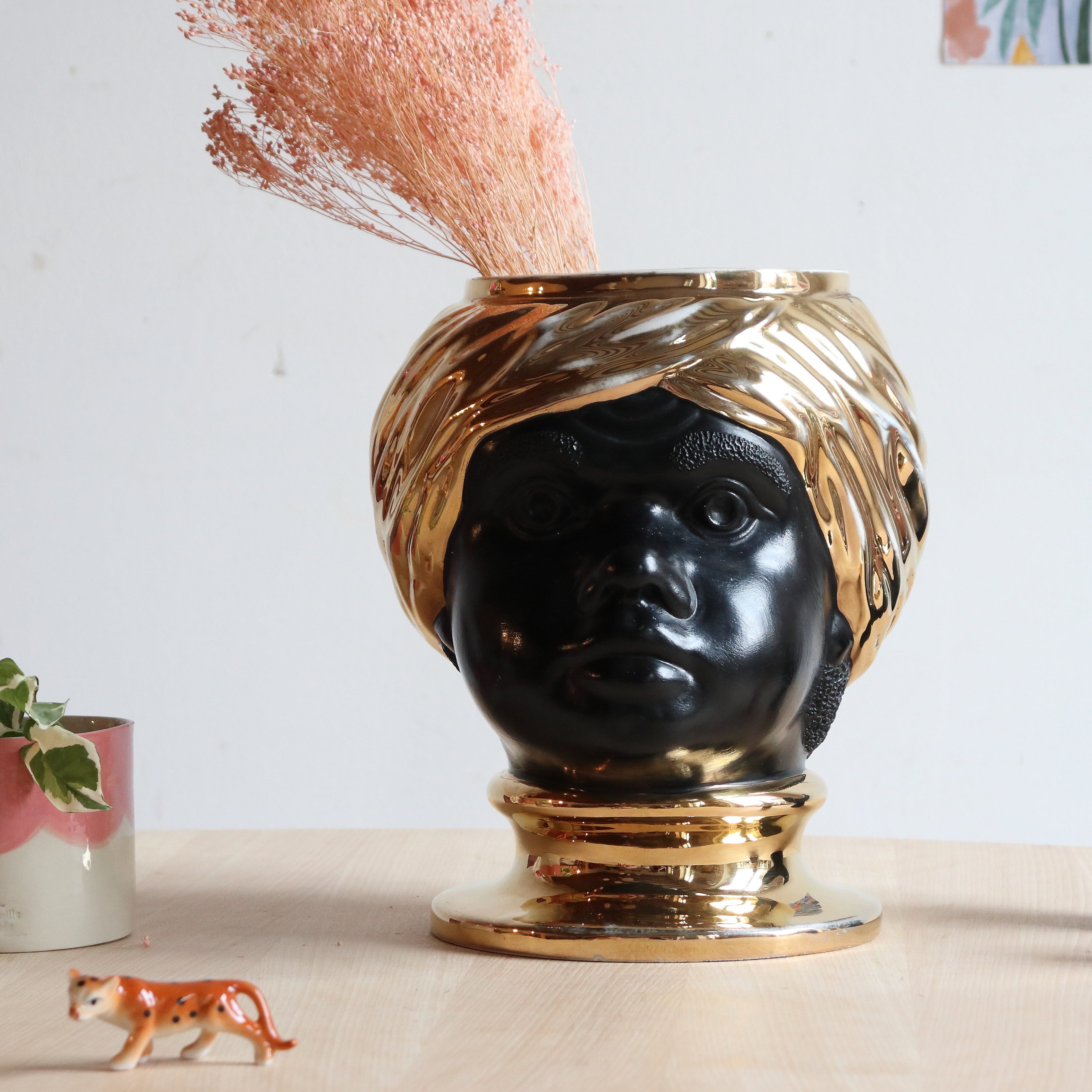 Black and gold Italian ceramic head vase signed Behreno