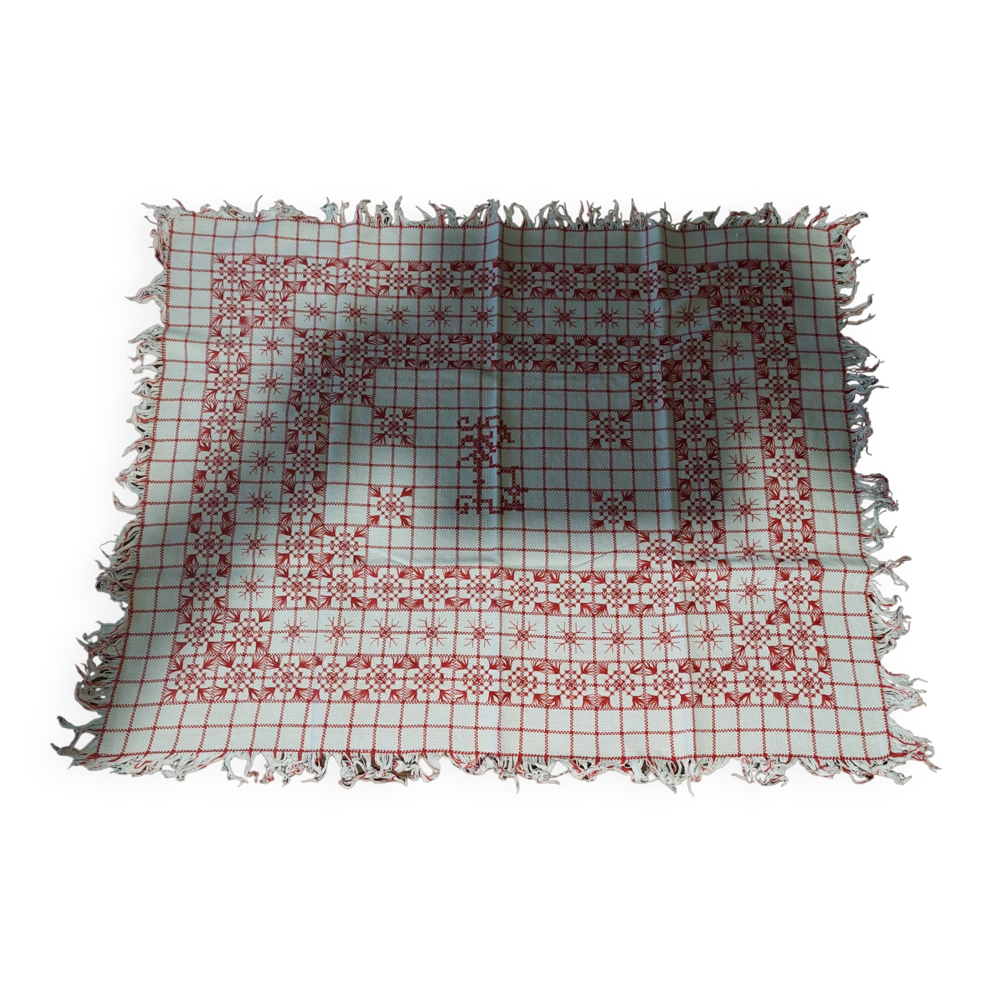 Red checkered cotton tablecloth with fringes