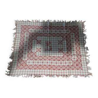 Red checkered cotton tablecloth with fringes