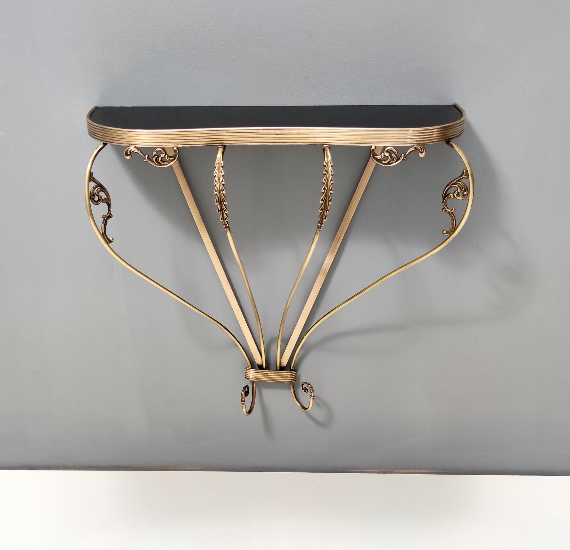 Vintage Wall Mounted Brass Console Table With Demilune Black Glass Top, Italy