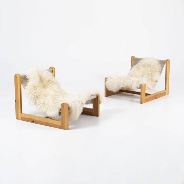 Chaise longue en pin, toile et peau de mouton, années 1970
