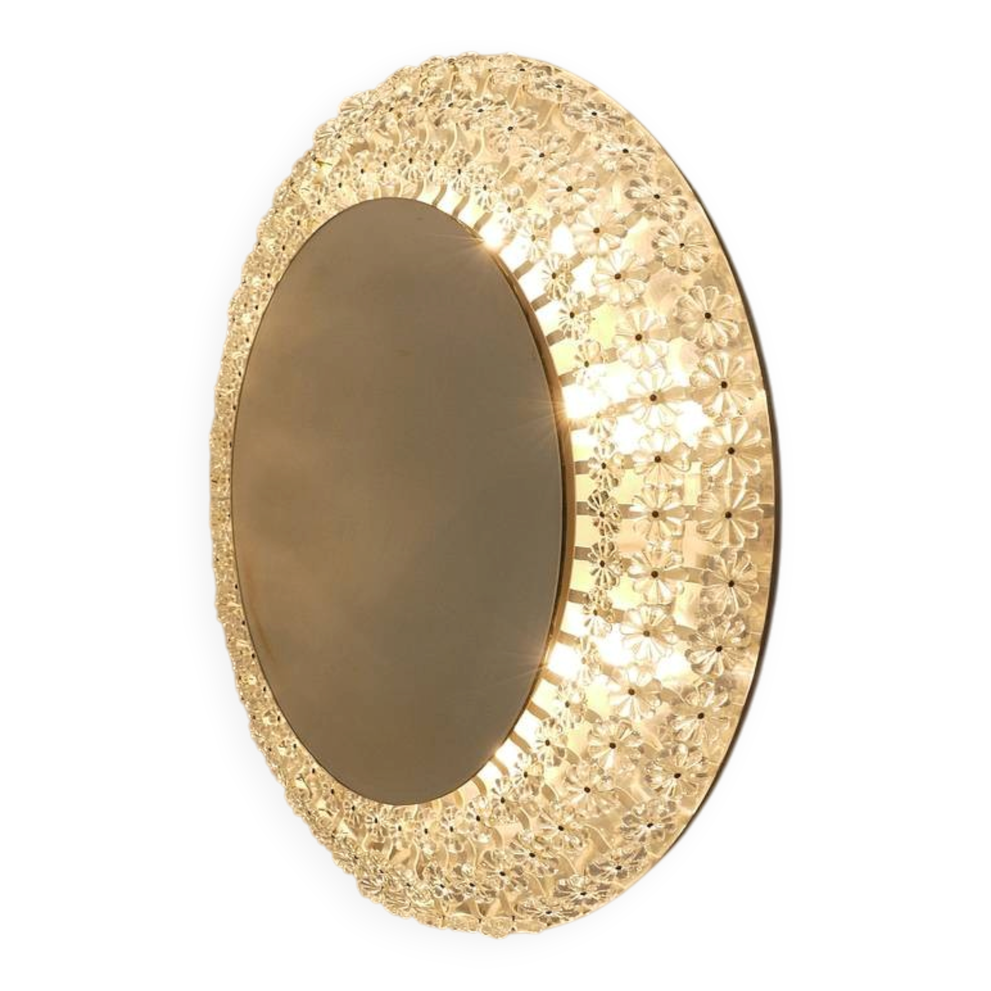 Large round wall mirror with glass flowers by Emil Stejnar, backlit by Nikoll, Austria.
