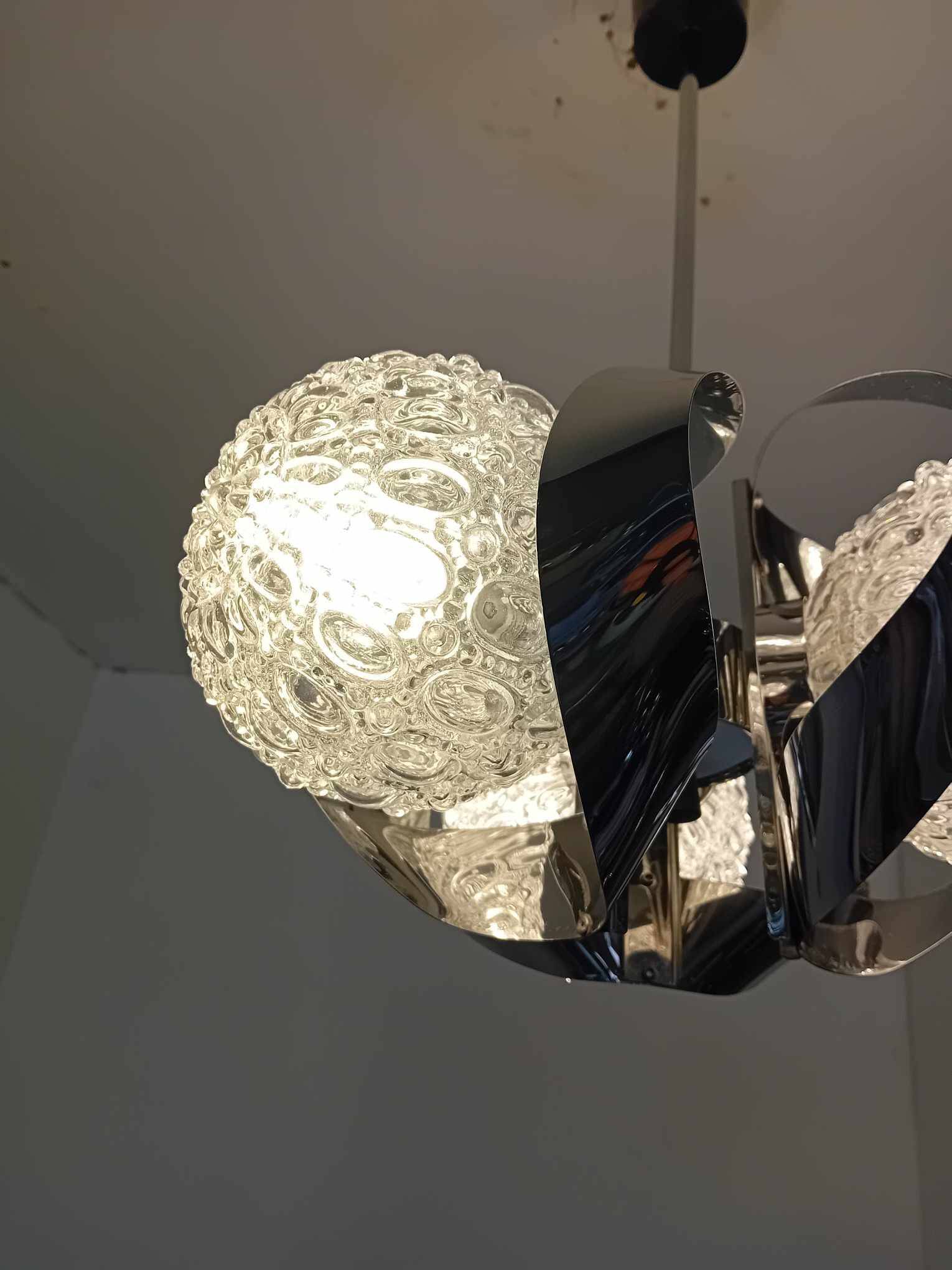 3 ball chandelier with stainless steel frame from the 70s Space Age