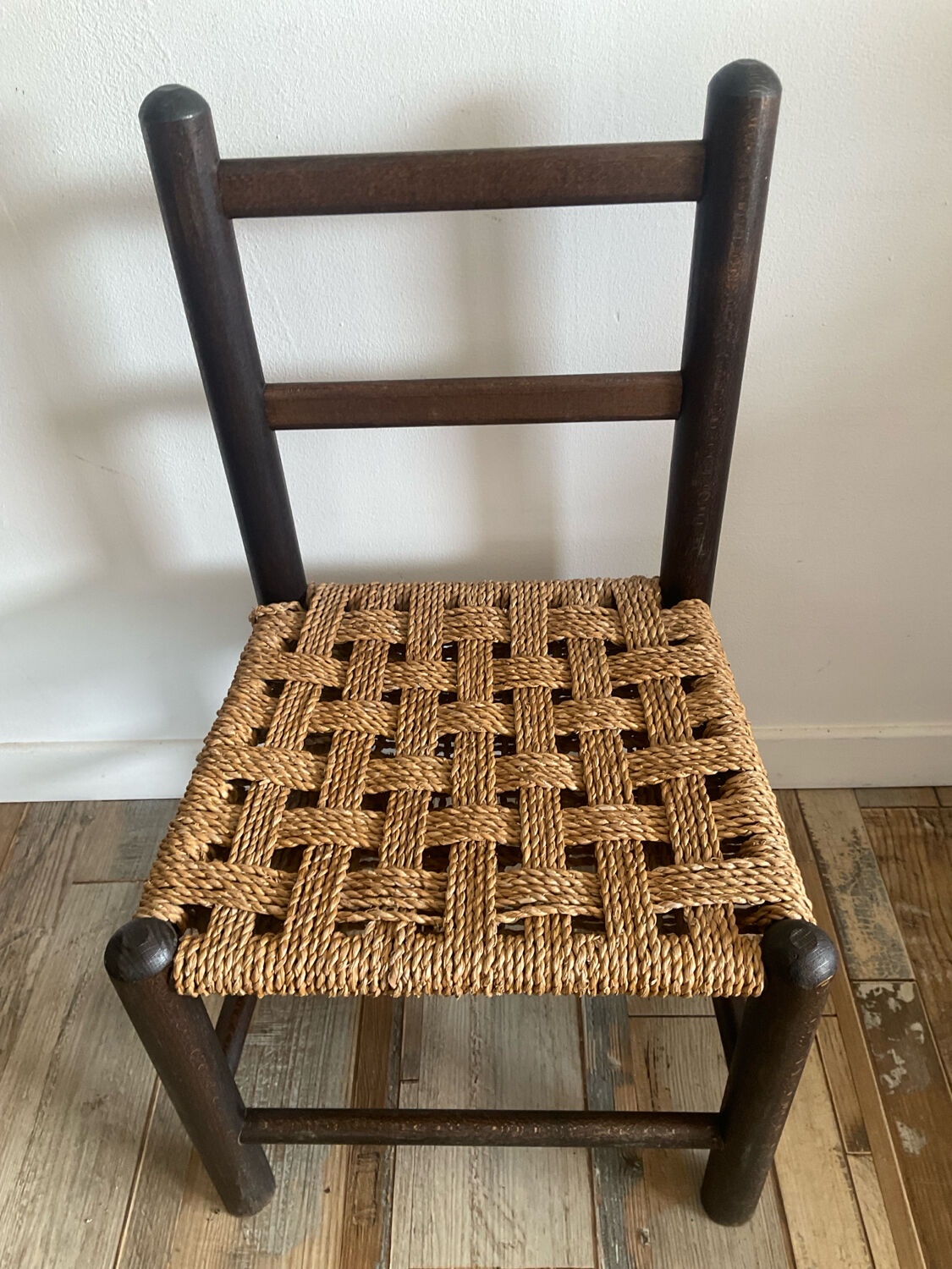Pair of vintage children's chairs with rope and wood seats