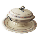 Antique sauceboat with lid in Gien earthenware, Rouen and dolphin decor