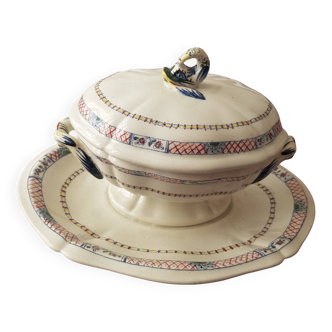 Antique sauceboat with lid in Gien earthenware, Rouen and dolphin decor