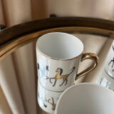 Lot of 4 vintage porcelain espresso cups from France with gold horse decoration – s