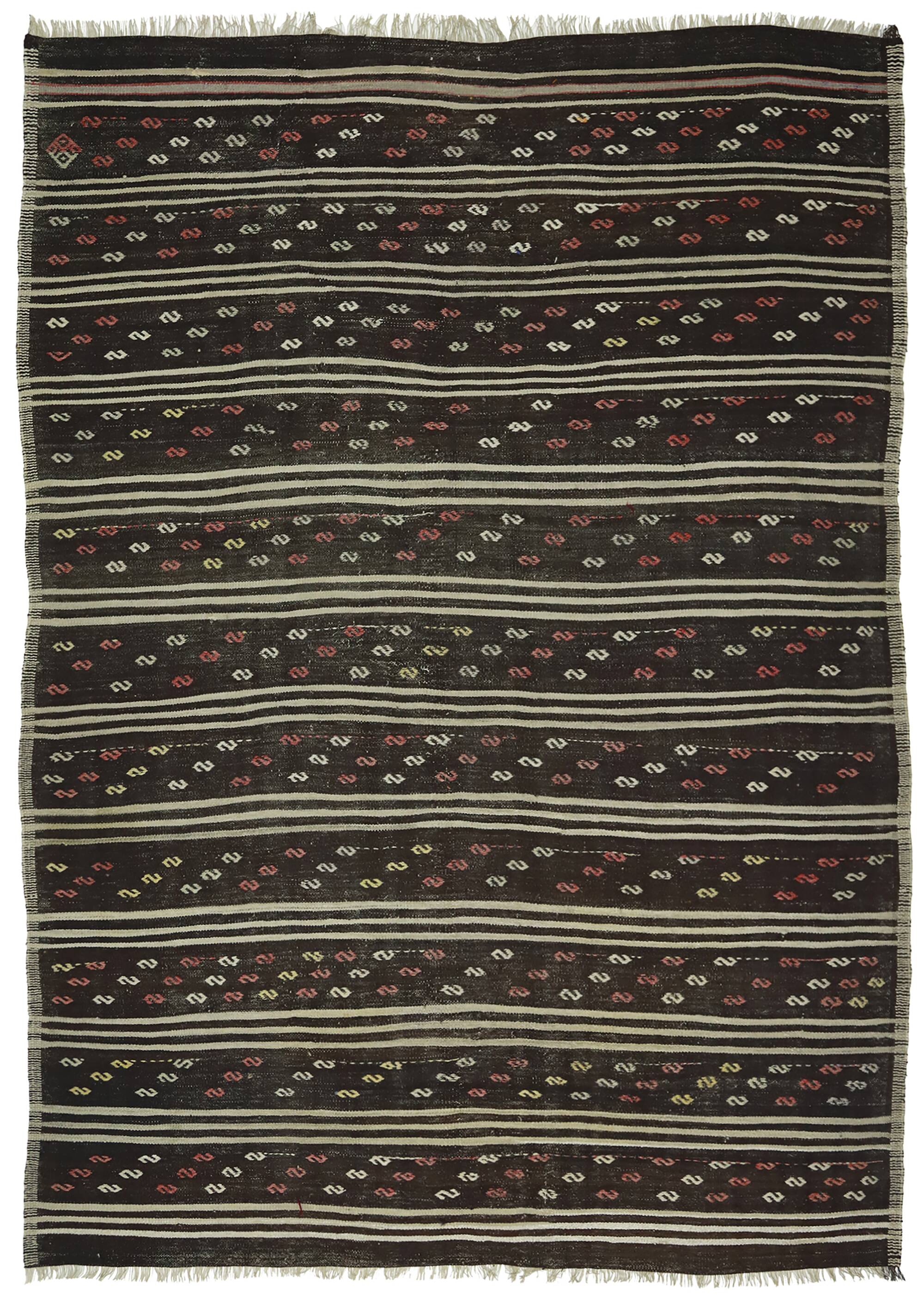 Tapis Kilim Turc Vintage Rayé 190x263 cm Laine Fait Main