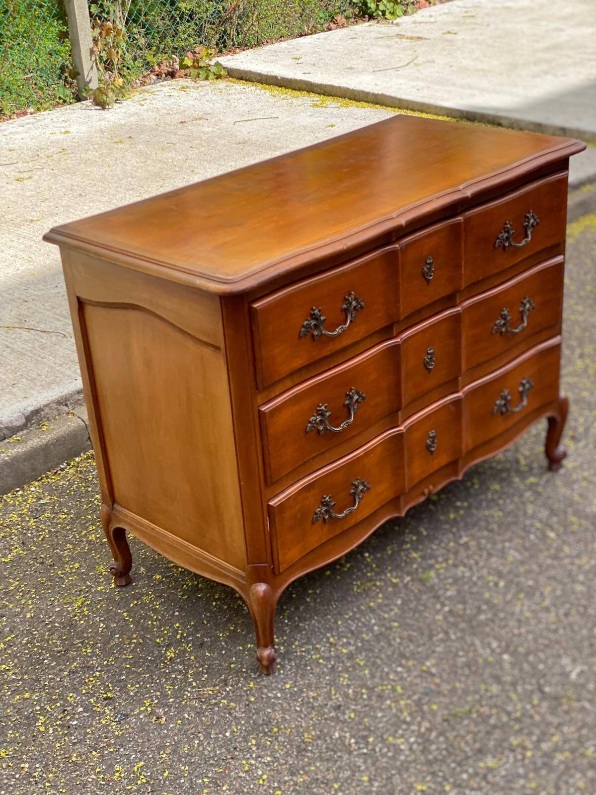 Louis XV crossbow commode in solid cherry wood from the 20th century.
