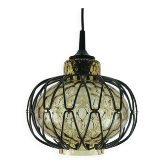 1960's mid century smoked glass pendant light with metal frame