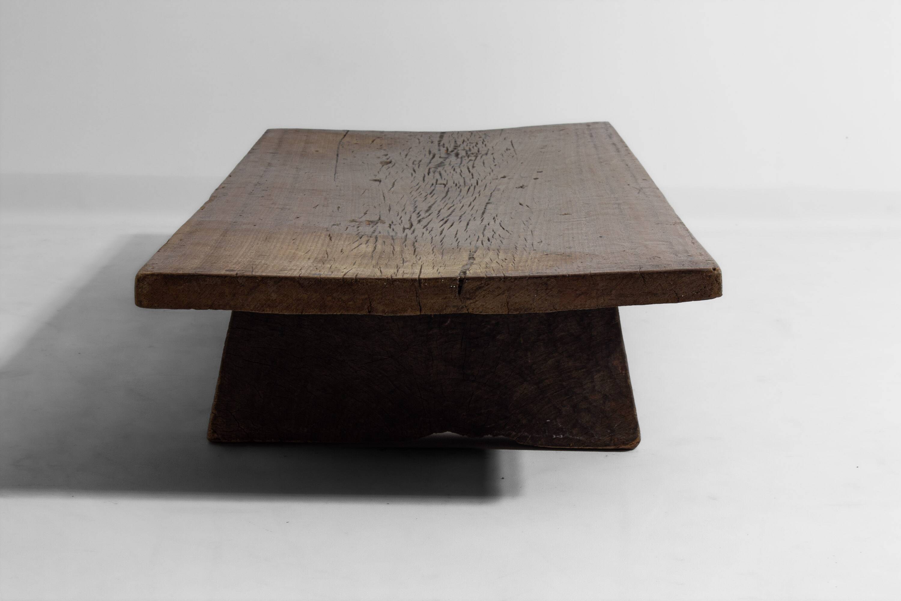 Rustic wabi sabi brutalist coffee table from solid wood, 1900s France