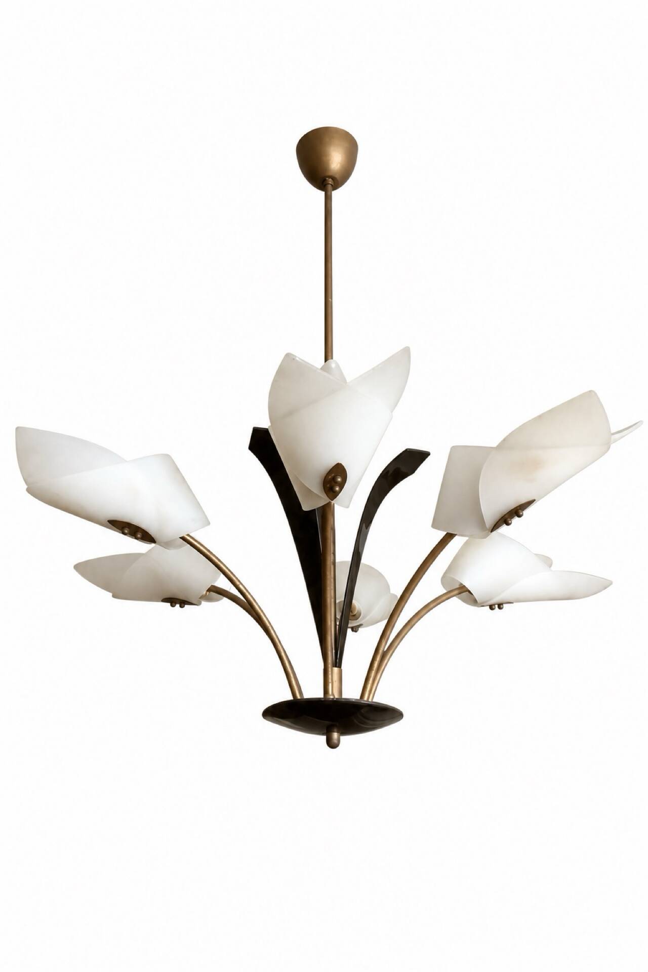 Mid-century lustre with 6 opaline tulips & patinated brass — France/Italy