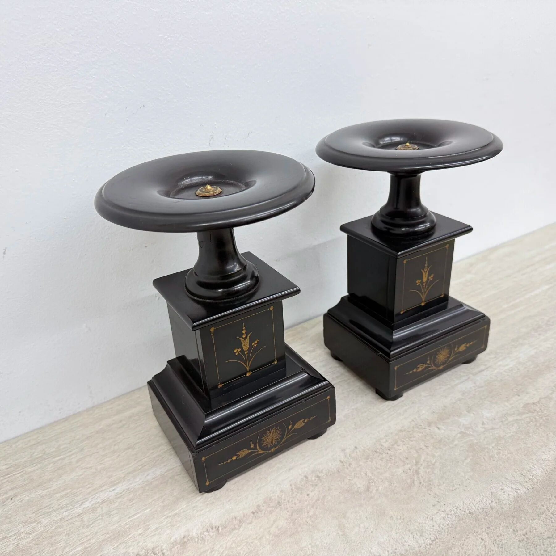 Antique French black marble cassoulets gilt decor pedestals neoclassical pair, 1900s