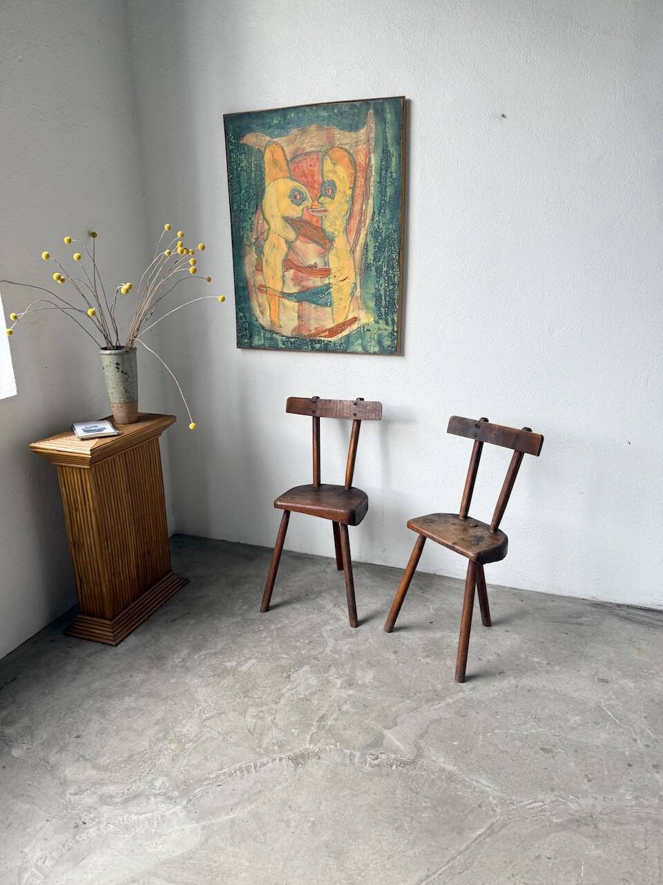 Pair of Savoyard tripod chairs, folk art, oak.