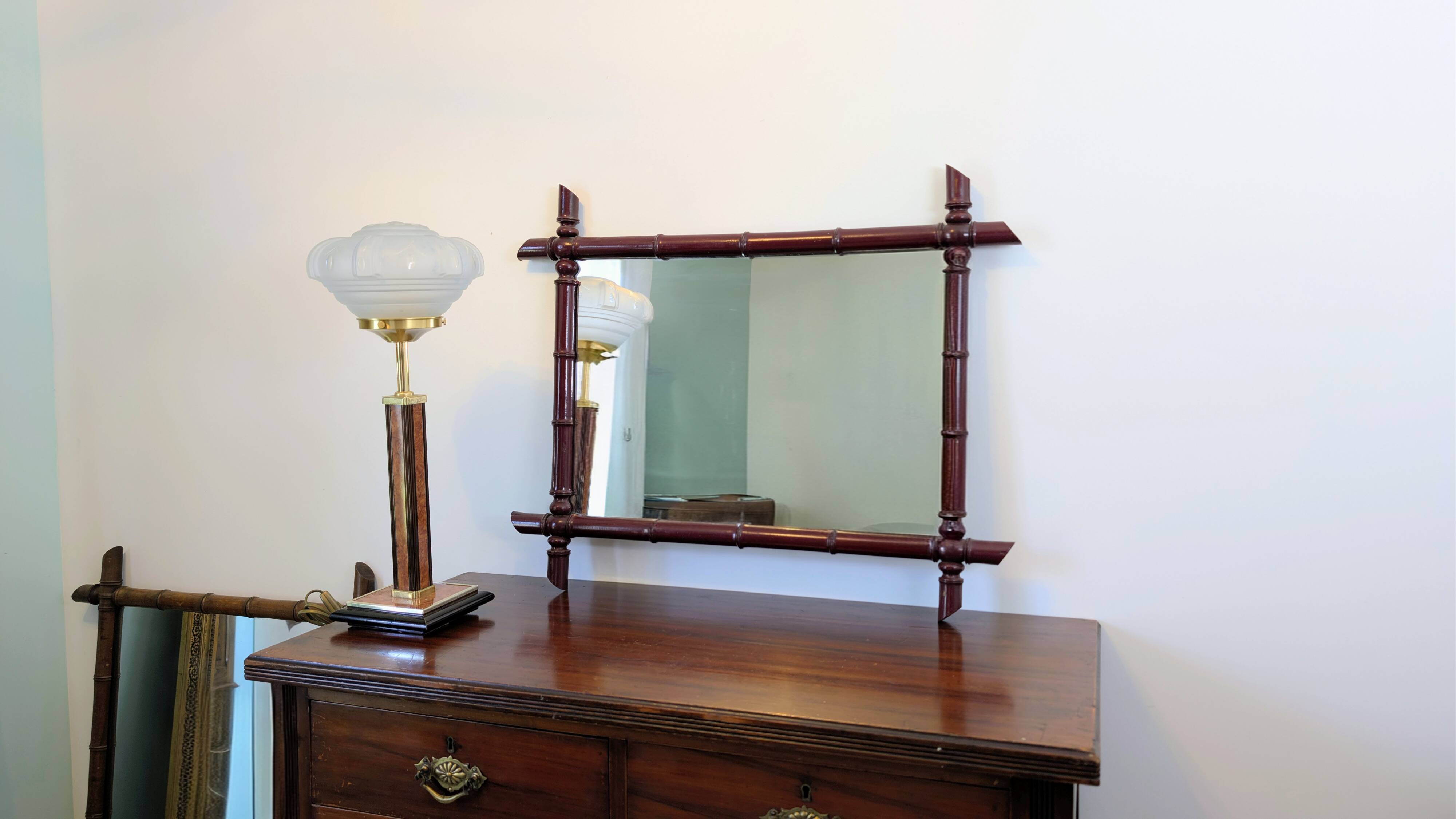 Vintage mirror with a bamboo effect in burgundy, chic exotic style - 79 x 64 cm