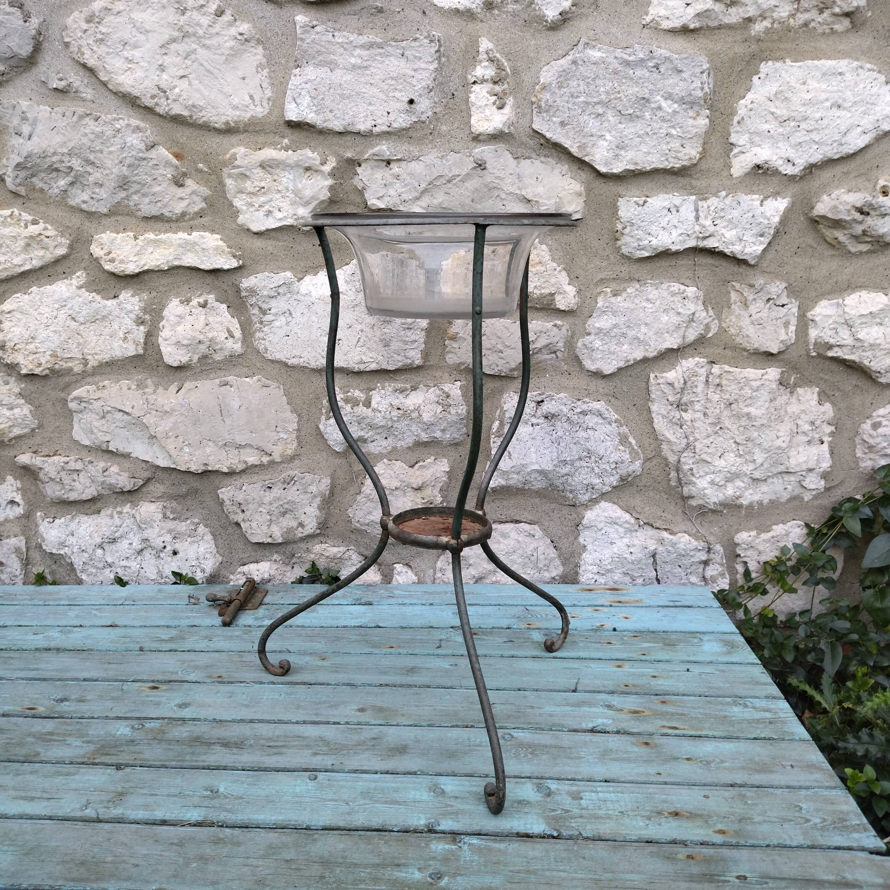 Old planter wrought iron basin blown glass