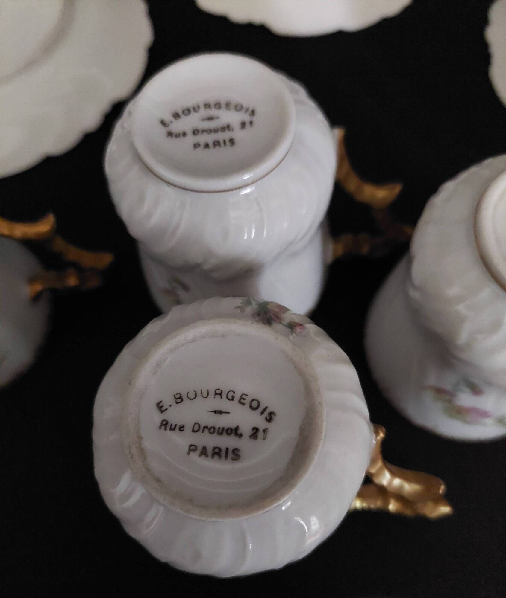 Series of five E. Bourgeois Paris porcelain coffee cups large deposit 1900
