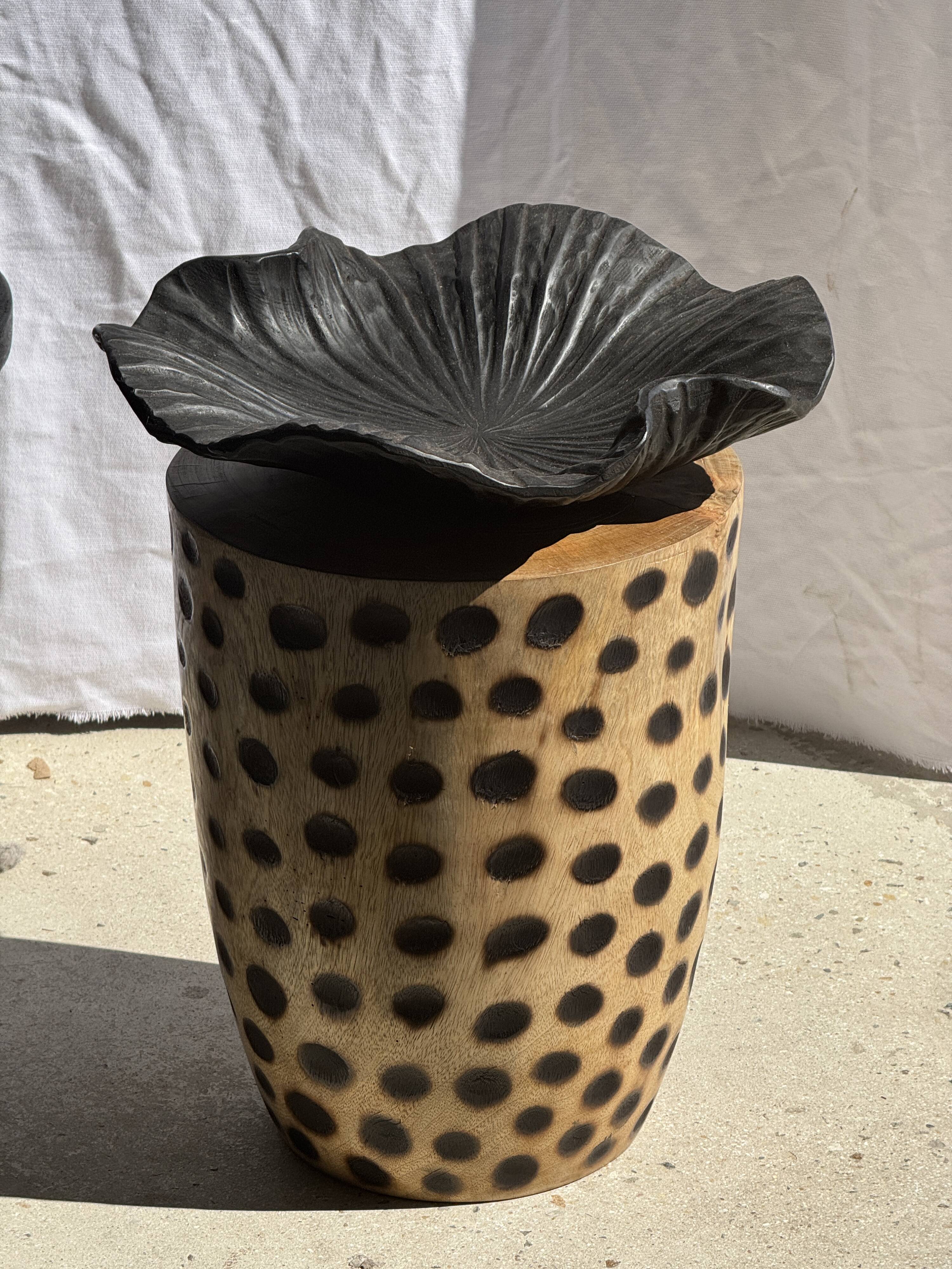 Stool, side table, cylindrical solid mango wood end table.