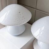 Set of 2 Murano opaline white glass mushroom table lamps with silver ring details - Space Age 1970s
