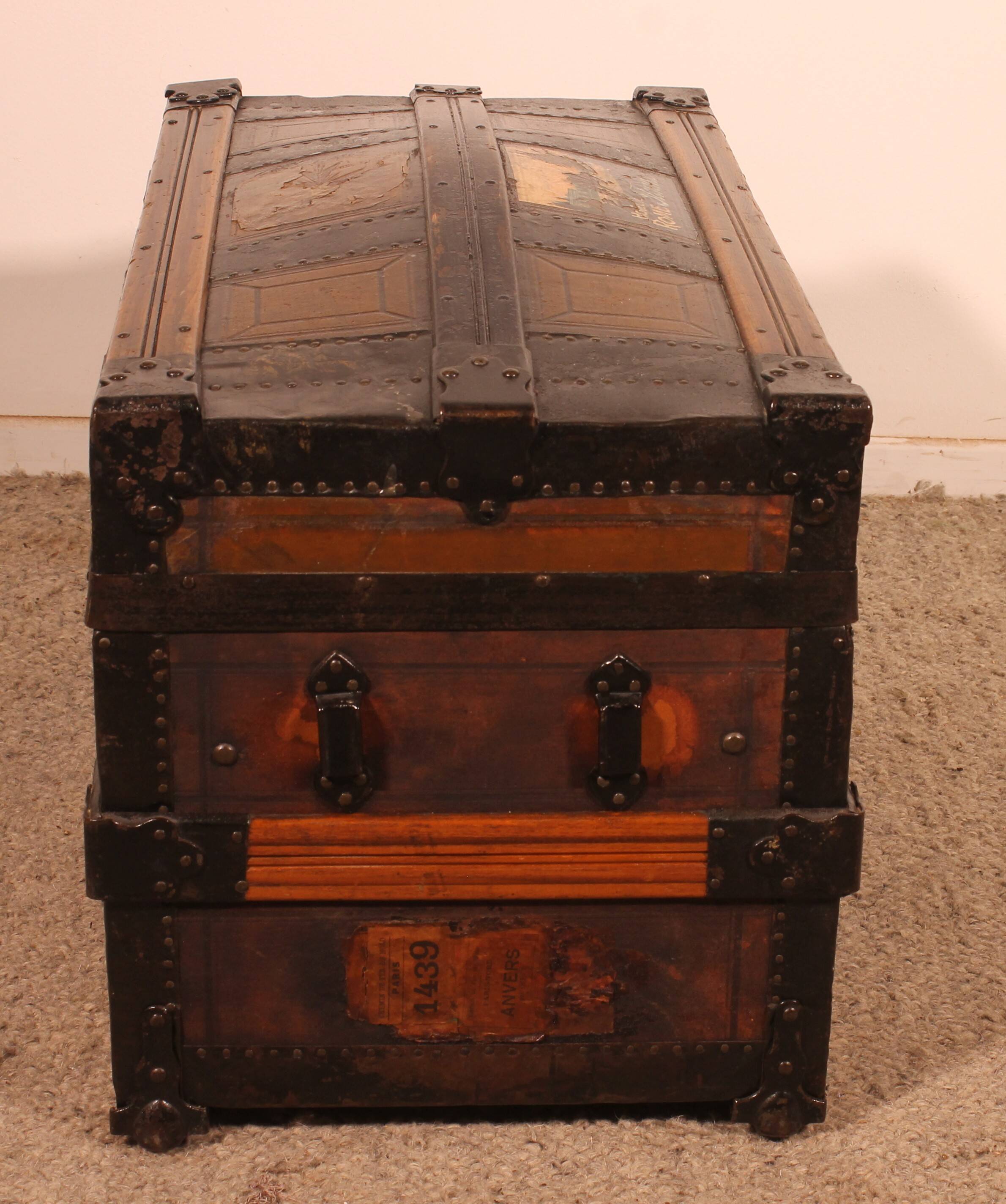 travel trunk from the early 20th century made of leather and wood
