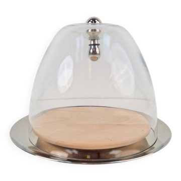 Flow Glass Dome with Serving Dish in Stainless Steel by Gijs Bakker for Royal VKB Walnut, 2000, Set of 3