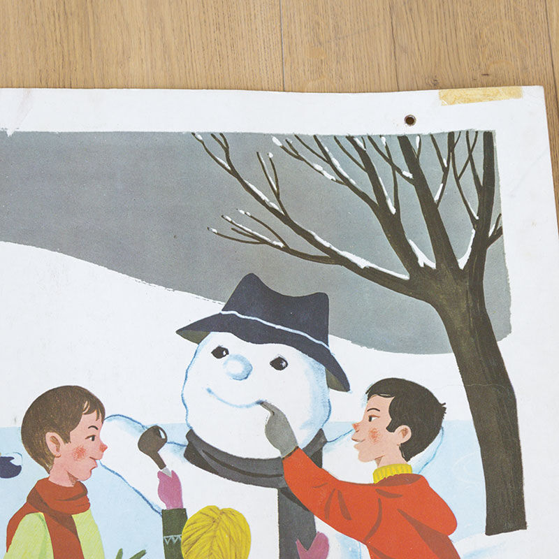 Affiche scolaire Nathan 1966 face 1 Les marrons chauds et face 2 Hiver Bonhomme de neige