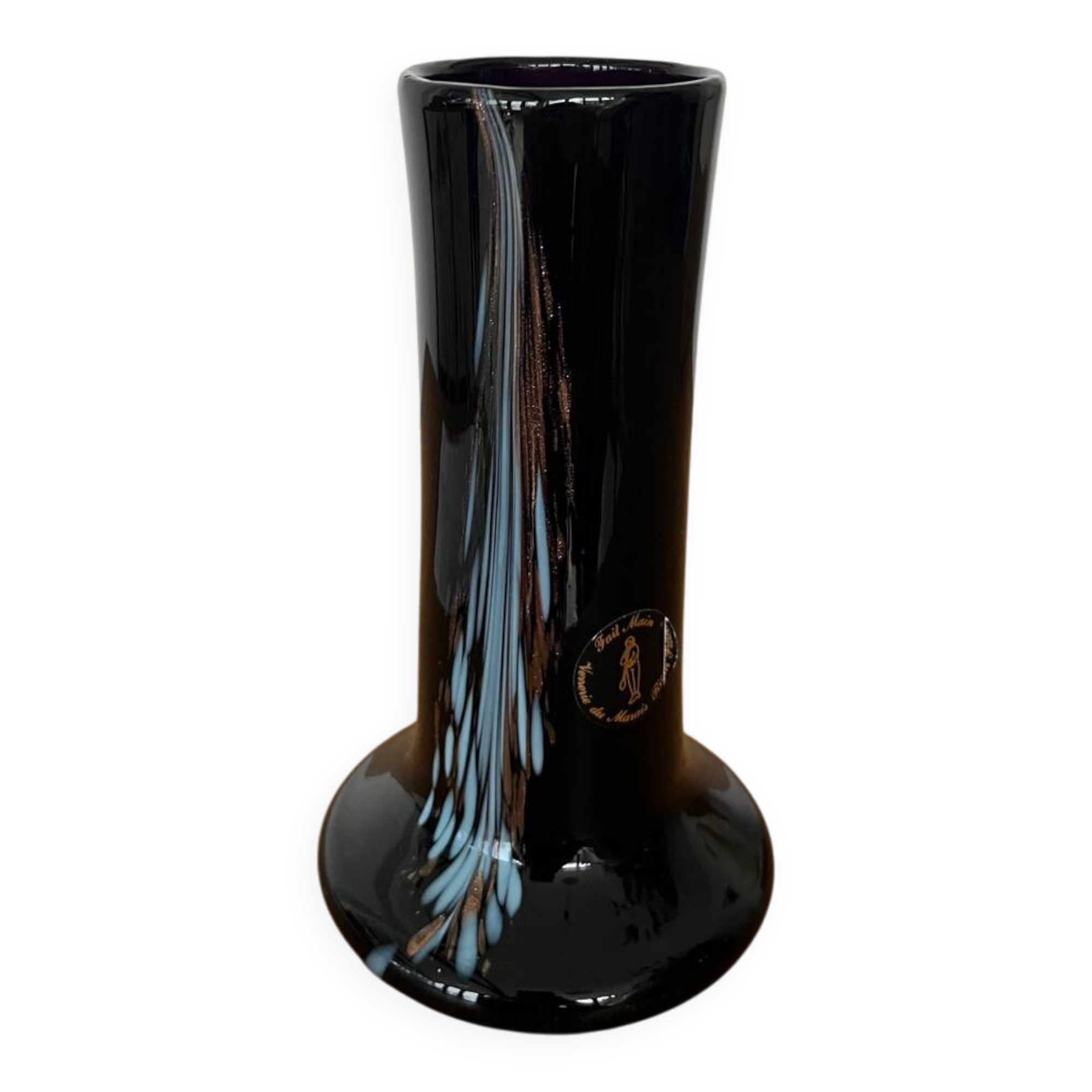 Artisanal vase in black glass with copper and blue inclusions.