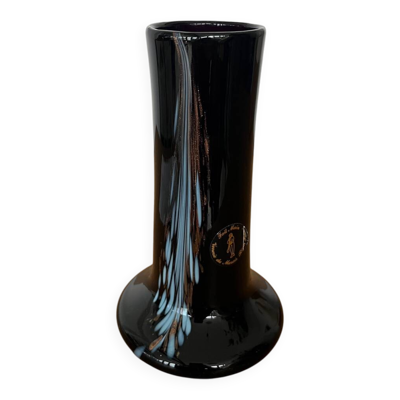 Vase artisanal verre noir inclusions cuivre et bleues