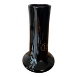Artisanal vase in black glass with copper and blue inclusions.