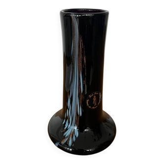 Artisanal vase in black glass with copper and blue inclusions.
