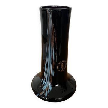 Vase artisanal verre noir inclusions cuivre et bleues 