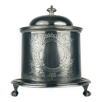 Antique silver biscuit box with silver plating by James Deakin & Sons, 1890s.