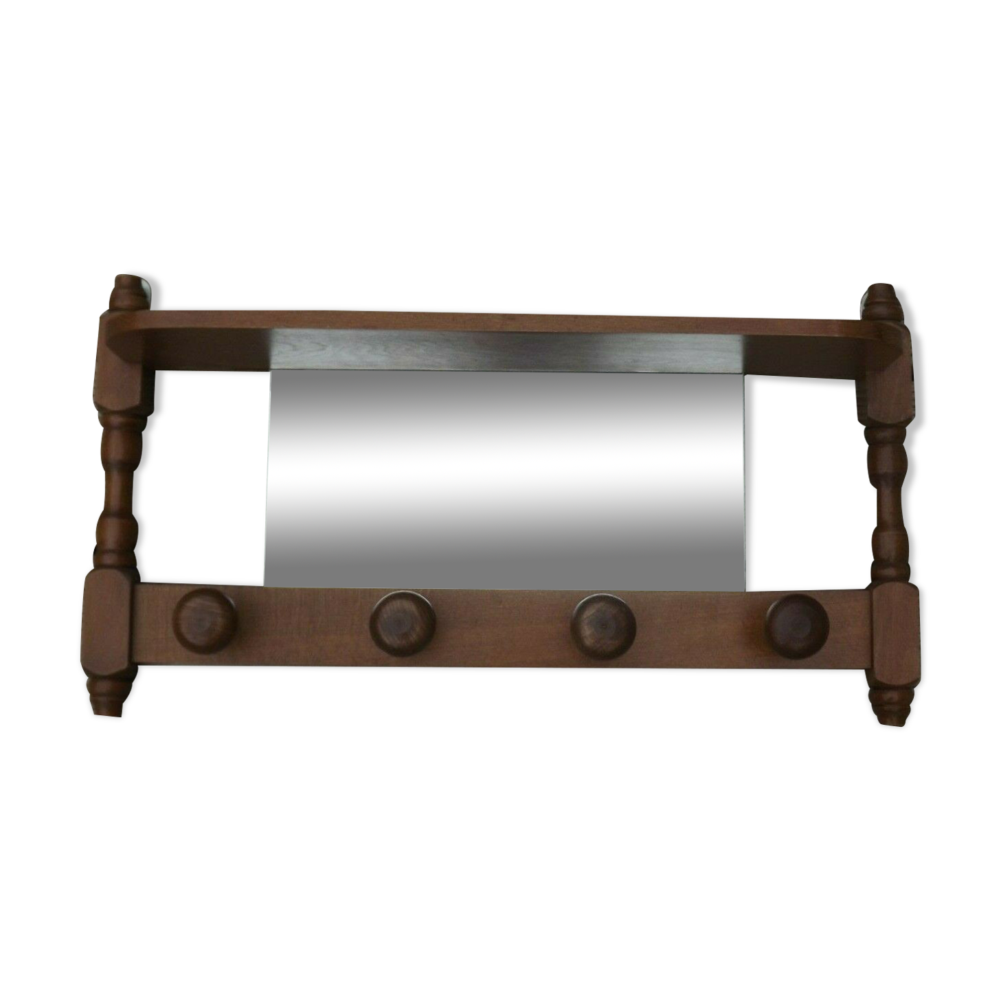 Vintage wooden wall coat rack with mirror and hooks, French, 3529