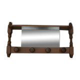 Vintage wooden wall coat rack with mirror and hooks, French, 3529