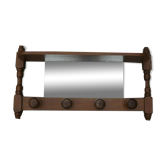 Vintage wooden wall coat rack with mirror and hooks, French, 3529