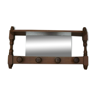 Vintage Wooden Wall Mounted Coat Rack with Mirror and Hooks, French, 3529