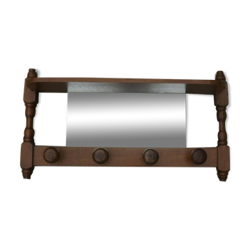 Vintage wooden wall coat rack with mirror and hooks, French, 3529