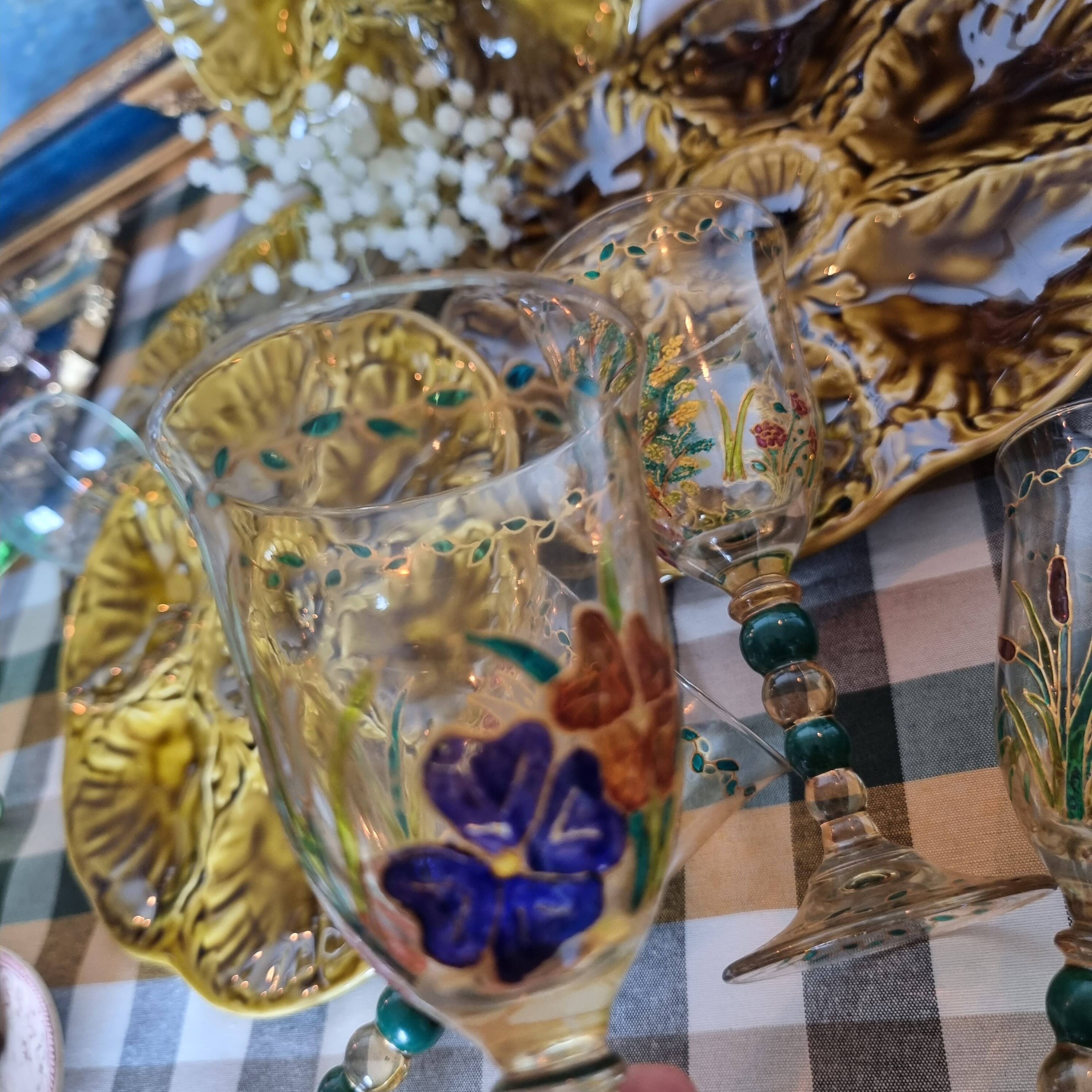 Set of 4 antique hand painted glass water or wine glasses with details inspired by the style