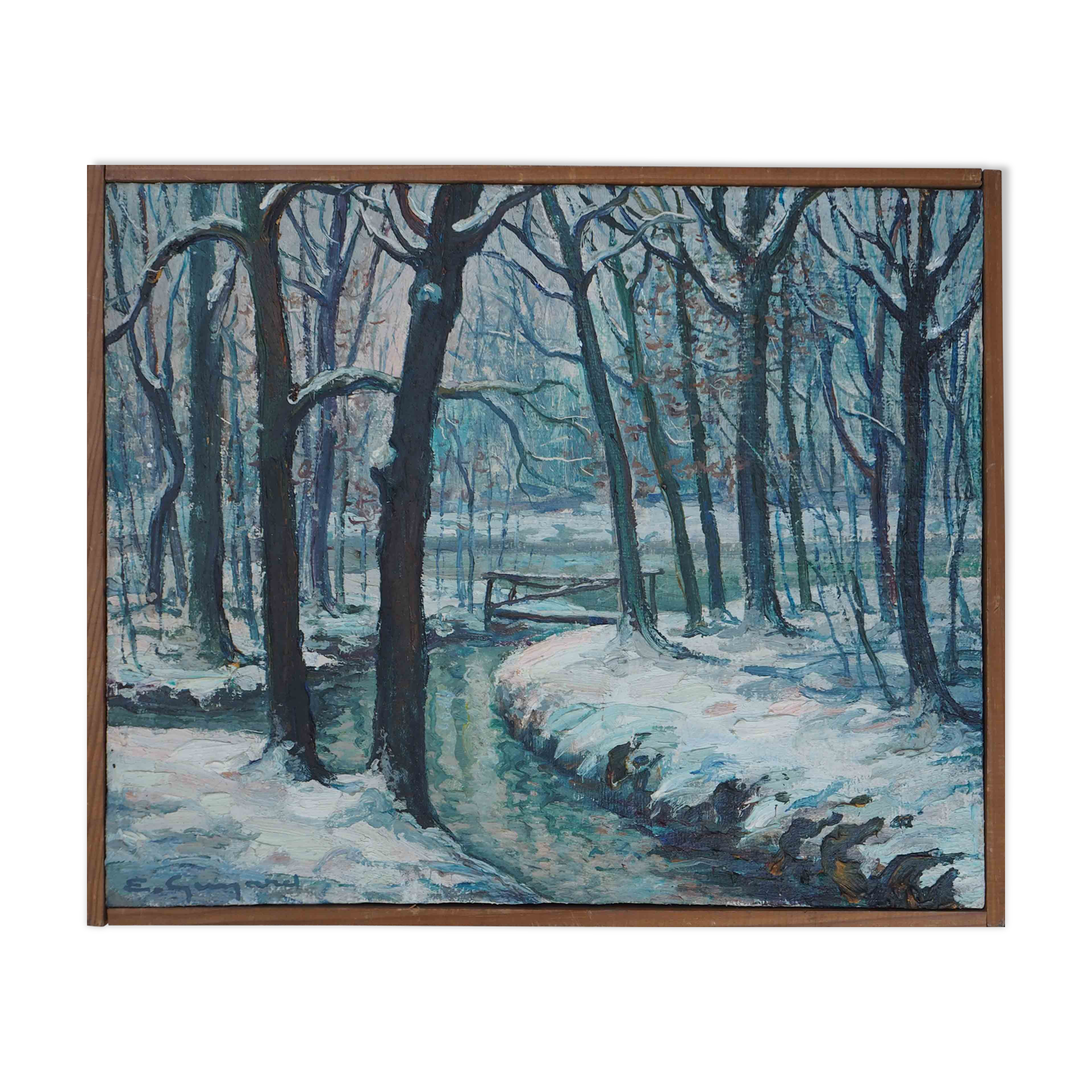 Painting Snowy and wooded river landscape HST signed early twentieth century